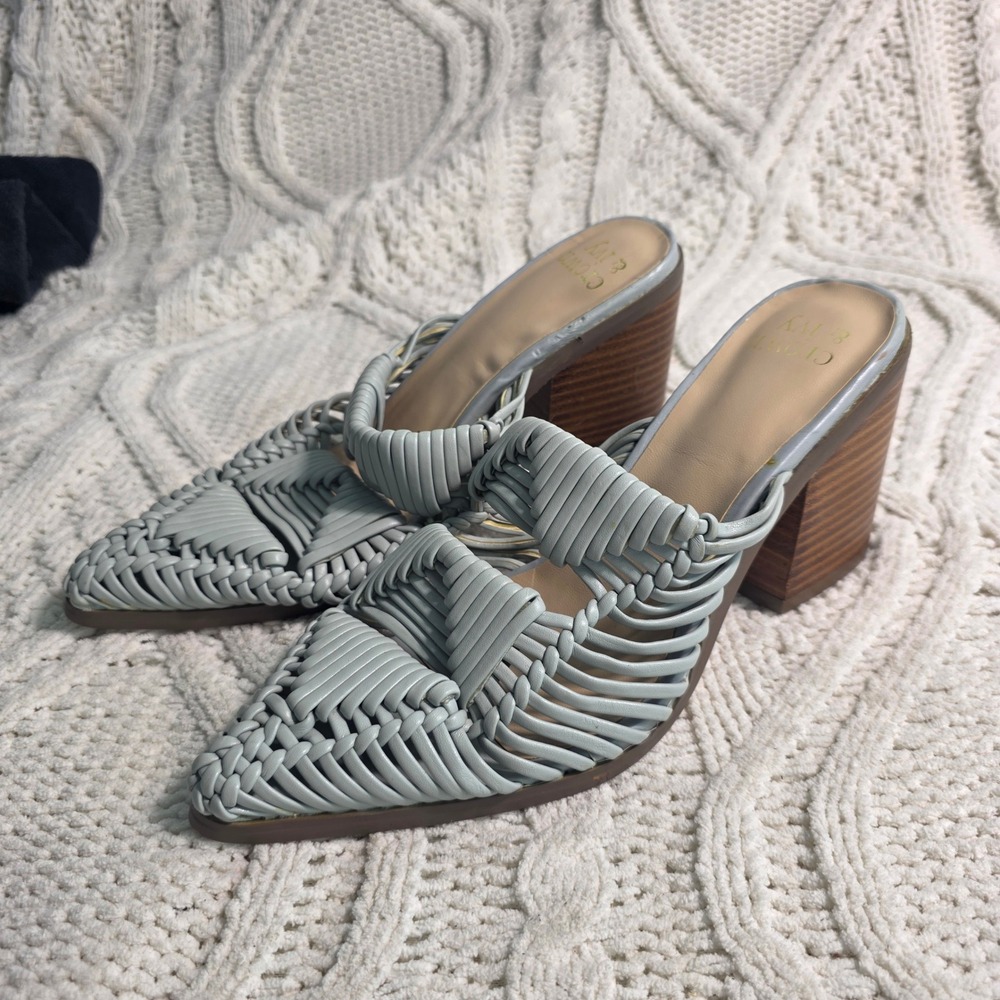 Crown & Ivy Piper Woven Mules Light Teal Blue Pointed Toe Block Heel Women 7 NEW